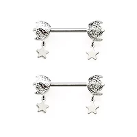 Silvertone Moon and Star Dangle Nipple Barbells - 14 Gauge