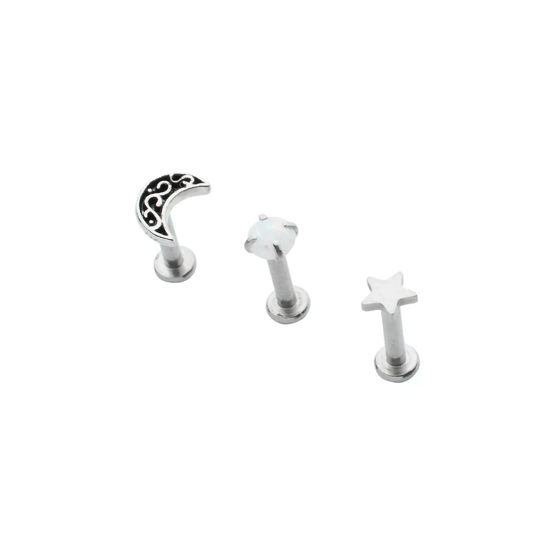 Multi-Pack Opal-Effect Moon and Star Cartilage Earrings 3 Pack - 18 Gauge