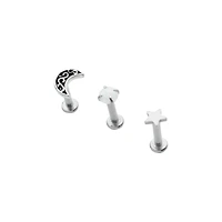 Multi-Pack Opal-Effect Moon and Star Cartilage Earrings 3 Pack - 18 Gauge