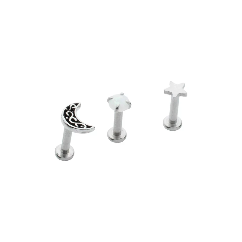Multi-Pack Opal-Effect Moon and Star Cartilage Earrings 3 Pack - 18 Gauge