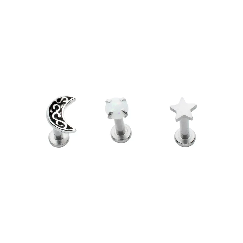 Multi-Pack Opal-Effect Moon and Star Cartilage Earrings 3 Pack - 18 Gauge