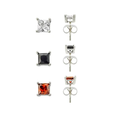 Multi-Pack CZ Clear Black and Red Square Stud Earrings - 3 Pair