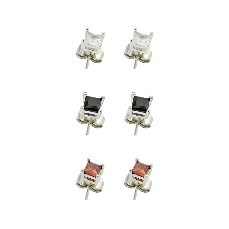 Multi-Pack CZ Clear Black and Red Square Stud Earrings - 3 Pair