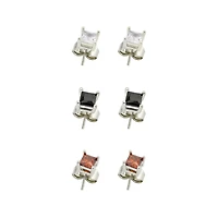 Multi-Pack CZ Clear Black and Red Square Stud Earrings - 3 Pair