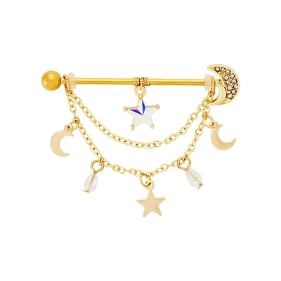 CZ Celestial Chain Dangle Industrial Barbell - 14 Gauge