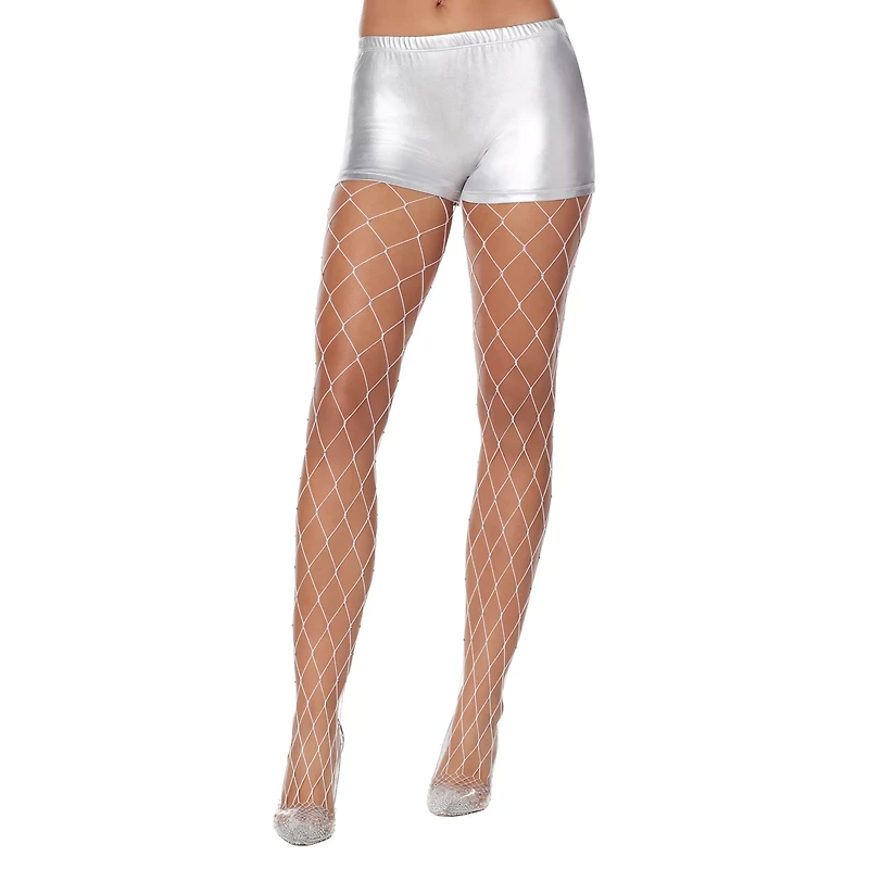 White Open Fishnet Rhinestone Stockings