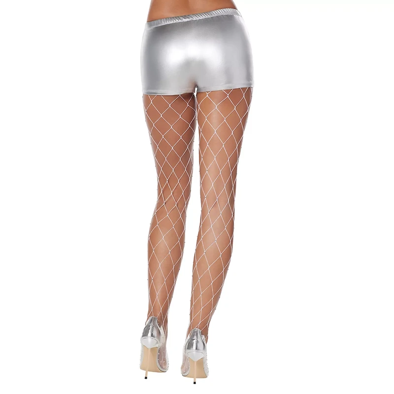 White Open Fishnet Rhinestone Stockings