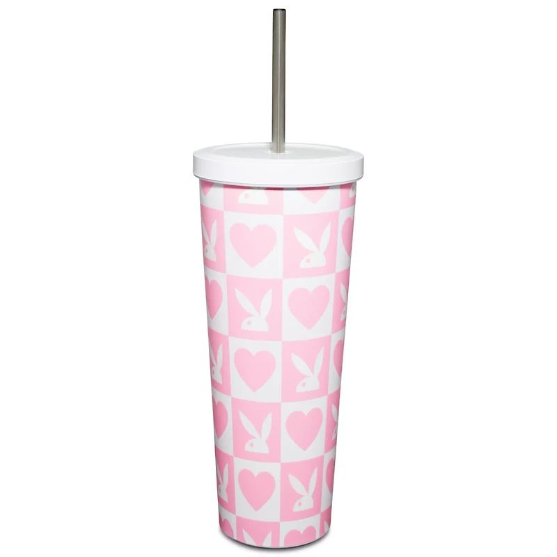 Pink Checkered Playboy Cup with Straw - 24 oz.