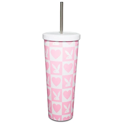 Pink Checkered Playboy Cup with Straw - 24 oz.