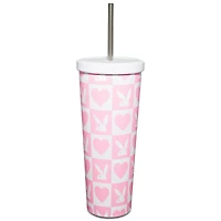 Pink Checkered Playboy Cup with Straw - 24 oz.