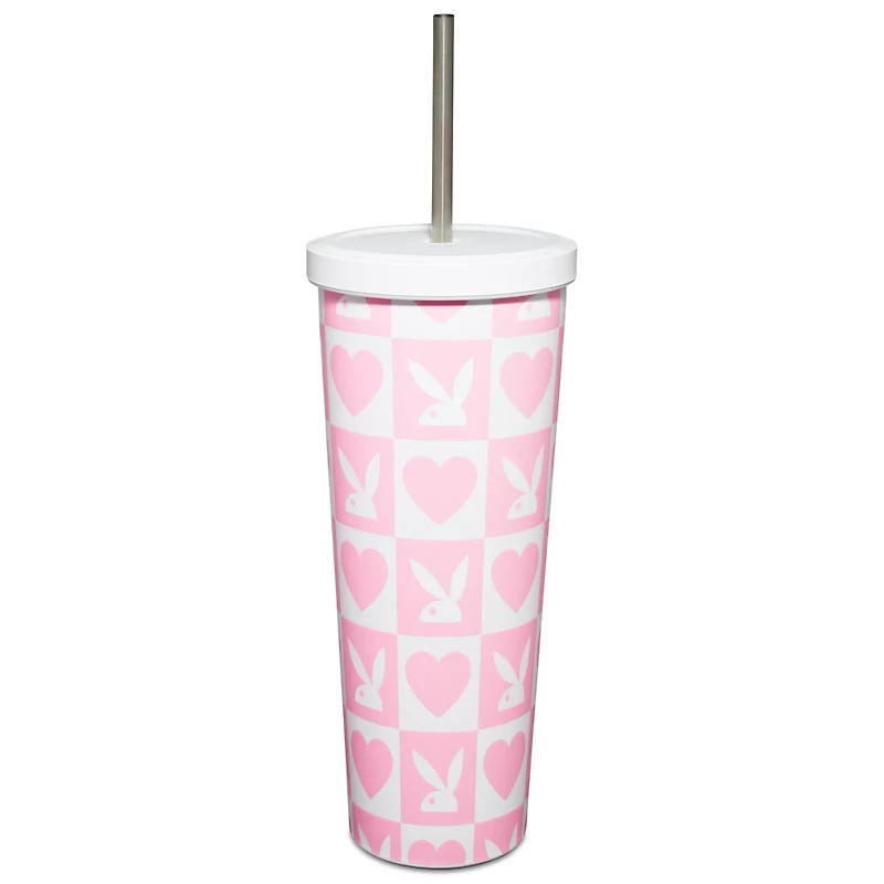 Pink Checkered Playboy Cup with Straw - 24 oz.