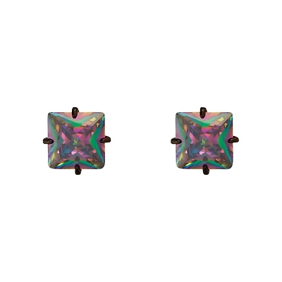Iridescent Oil Slick Square CZ Stud Earrings
