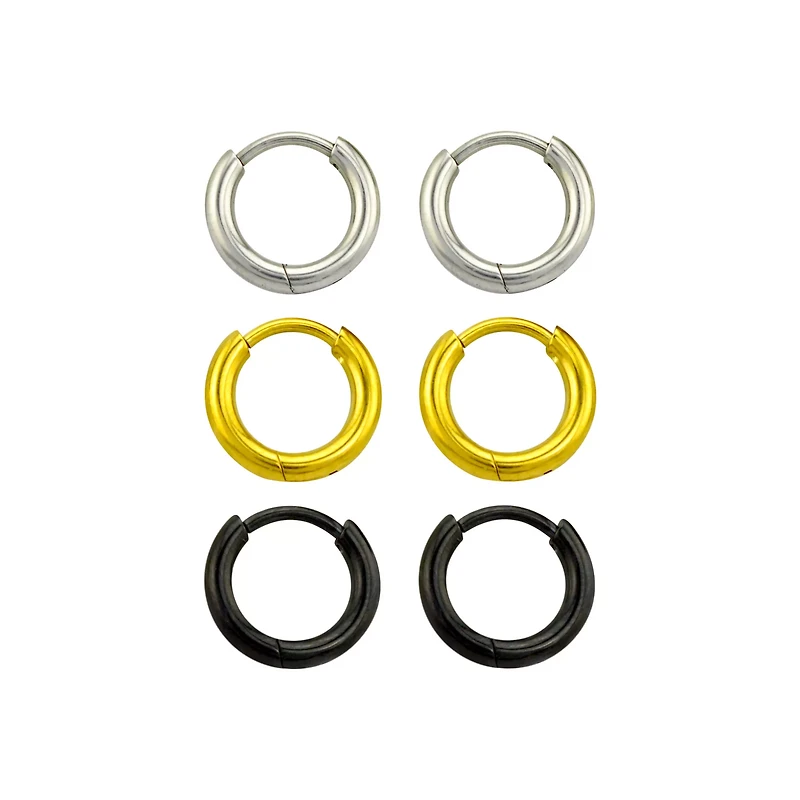 Multi-Pack Silvertone Goldtone Black Huggie Hoop Earrings - 3 Pair