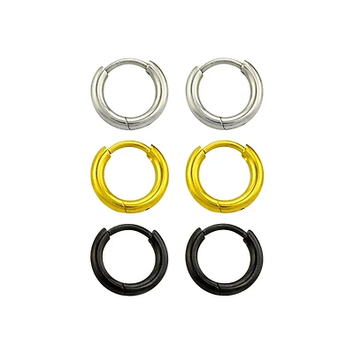 Multi-Pack Silvertone Goldtone Black Huggie Hoop Earrings - 3 Pair