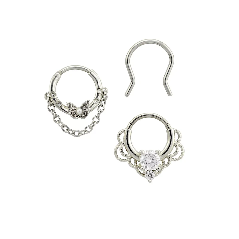 Multi-Pack Silver Ornate Septum Rings 3 Pack - 16 Gauge