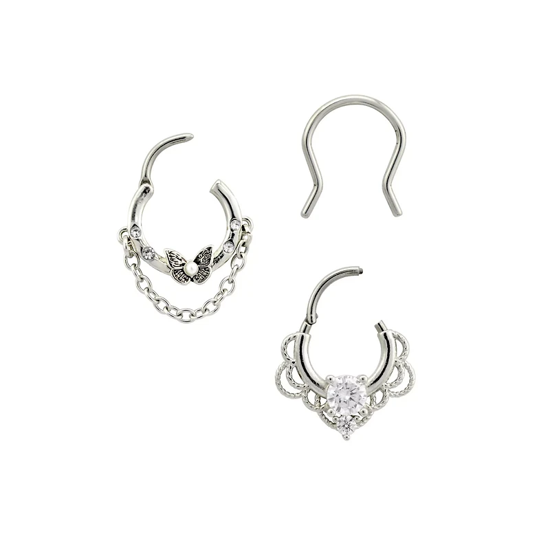 Multi-Pack Silver Ornate Septum Rings 3 Pack - 16 Gauge