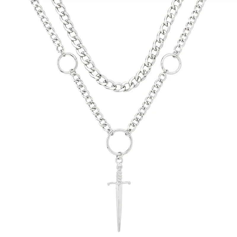 Silvertone Double Row Dagger Pendant Chain Necklace
