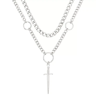 Silvertone Double Row Dagger Pendant Chain Necklace