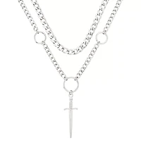 Silvertone Double Row Dagger Pendant Chain Necklace