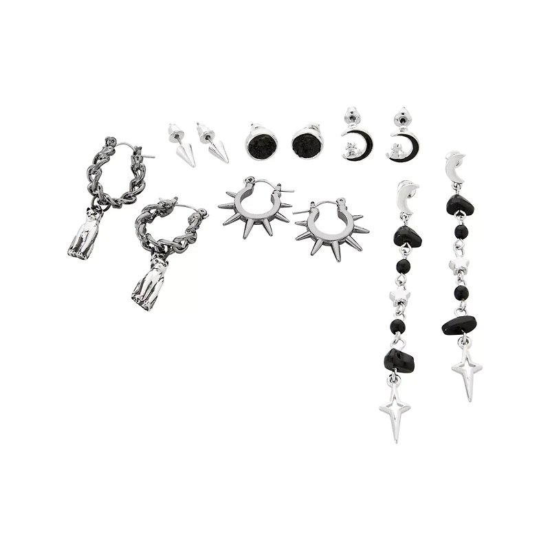 Multi-Pack Silver and Black Spiked Celestial Earrings - 6 Pack