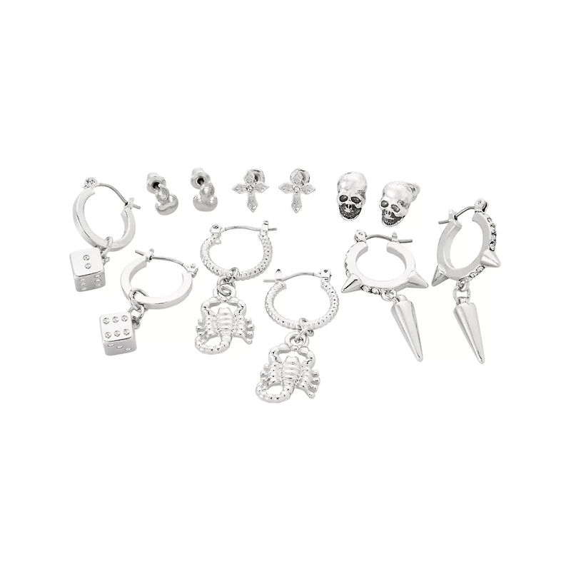 Multi-Pack Silver Skull Scorpion and Dice Stud and Huggie Hoop Earrings - 6 Pack