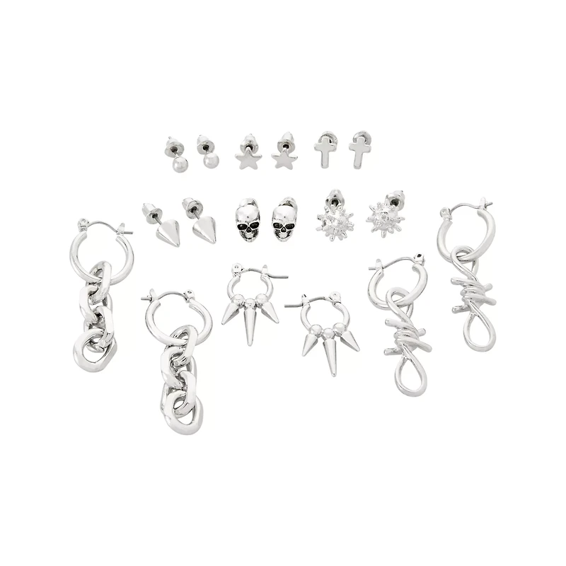 Multi-Pack Silver Grunge Earrings - 9 Pack