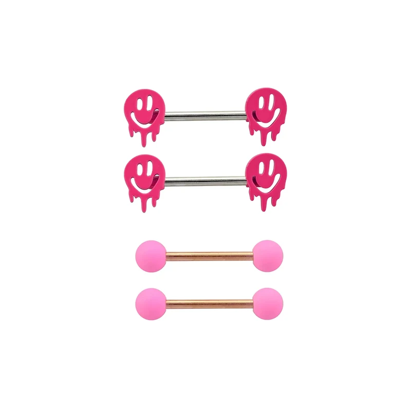Multi-Pack Pink Drip Smiley Face Barbells 4 Pack - 14 Gauge