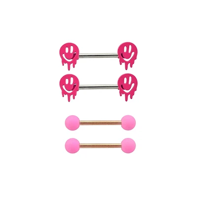 Multi-Pack Pink Drip Smiley Face Barbells 4 Pack - 14 Gauge