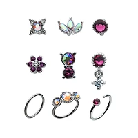 Multi-Pack Multi-Color CZ Flower Hoops and Bone Nose Rings 9 Pack - 20 Gauge
