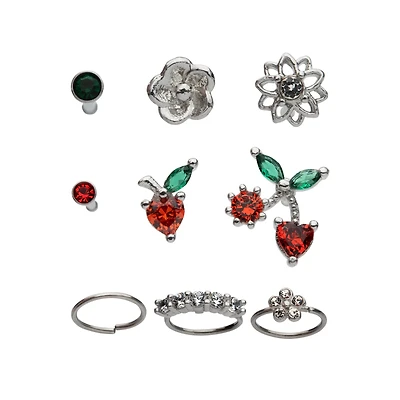 Multi-Pack Red CZ Cherry Heart Hoops and Bone Nose Rings 9 Pack - 20 Gauge
