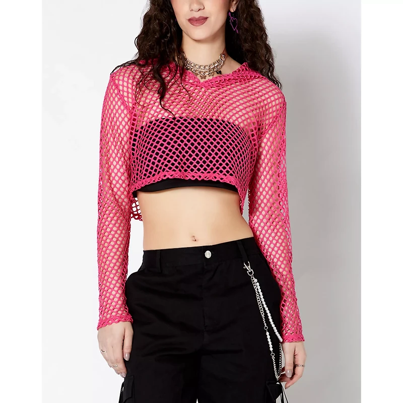 Pink Open Mesh Cropped Hoodie