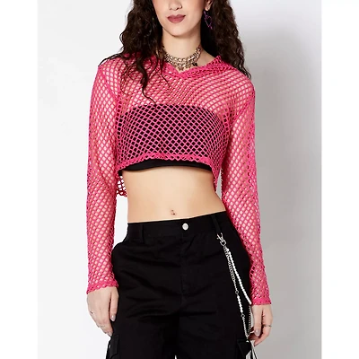 Pink Open Mesh Cropped Hoodie