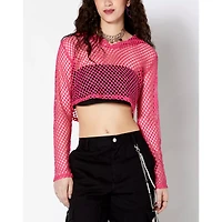 Pink Open Mesh Cropped Hoodie