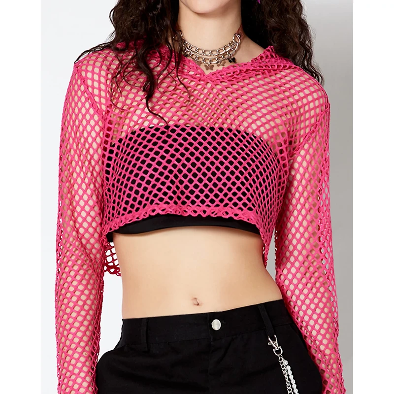 Pink Open Mesh Cropped Hoodie