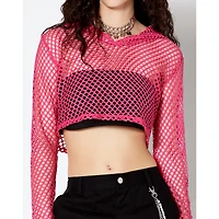 Pink Open Mesh Cropped Hoodie