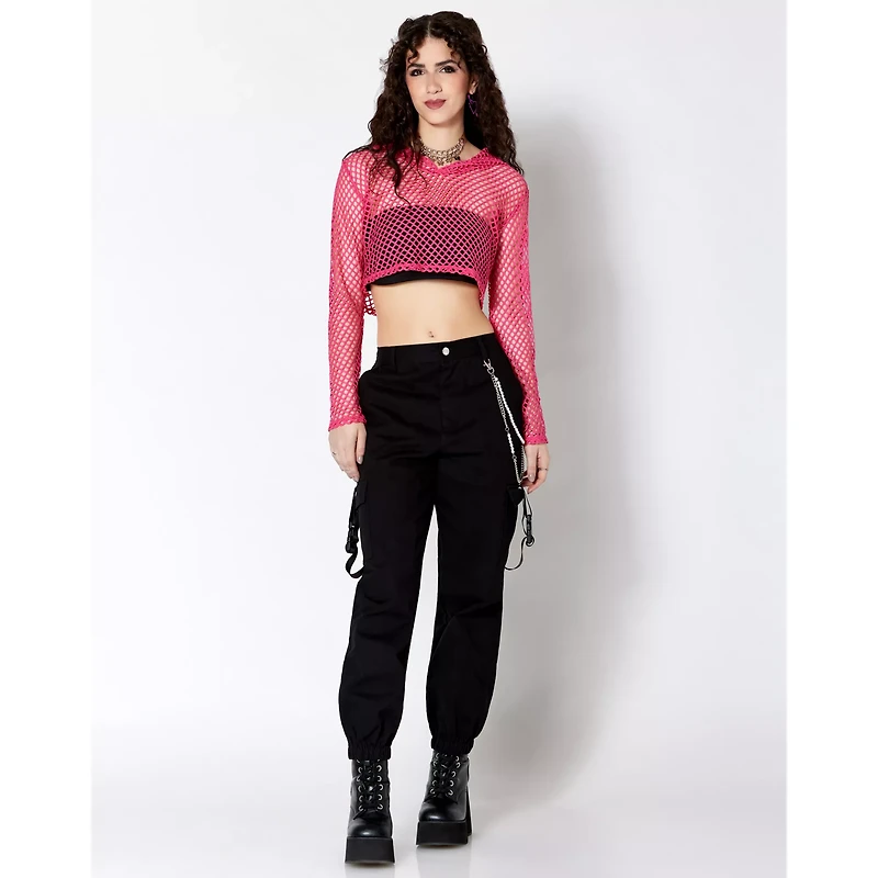 Pink Open Mesh Cropped Hoodie