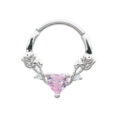 Pink Heart CZ Rose Hinged Septum Ring - 16 Gauge