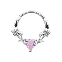 Pink Heart CZ Rose Hinged Septum Ring - 16 Gauge