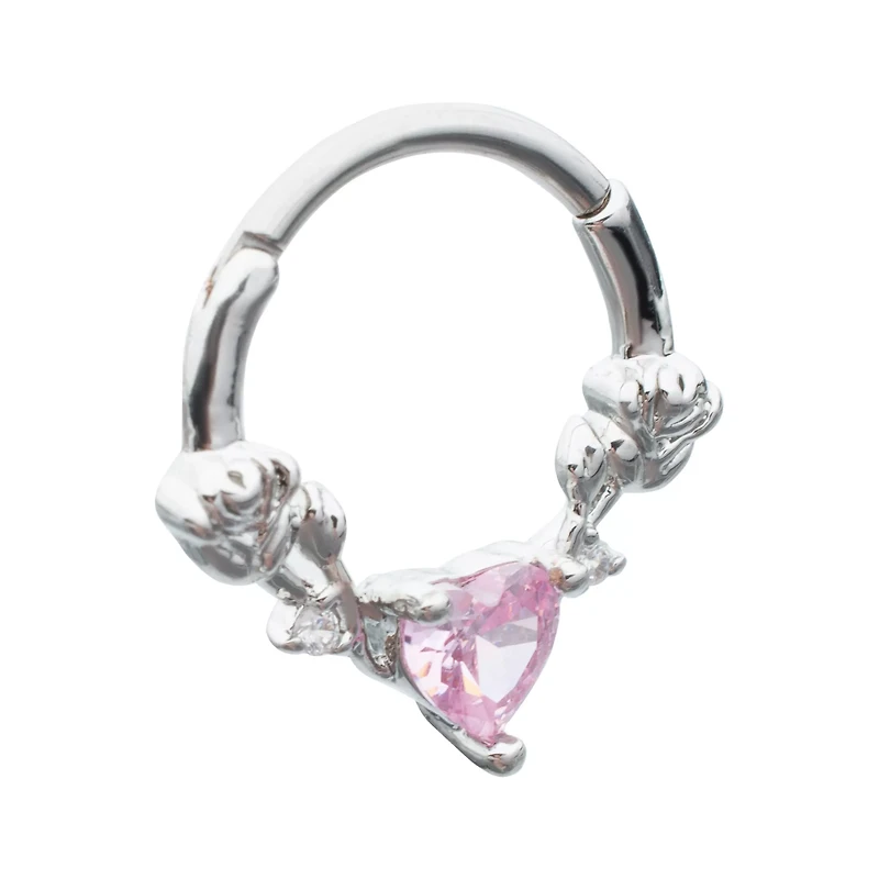 Pink Heart CZ Rose Hinged Septum Ring - 16 Gauge