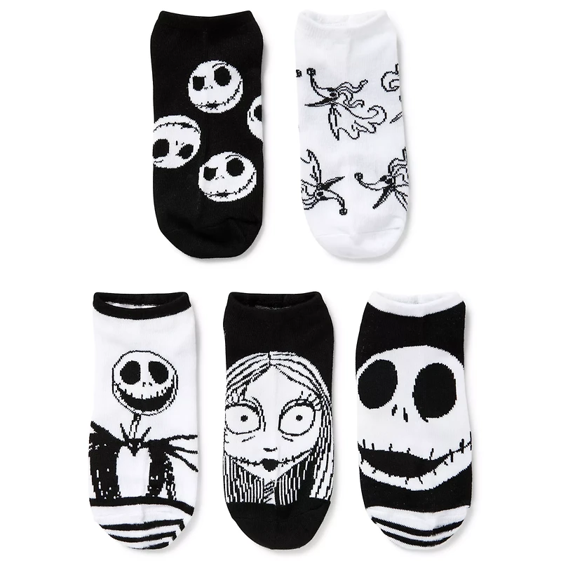 Multi-Pack Black and White Jack Skellington and Sally Ankle Socks 5 Pair- The Nightmare Before Christmas