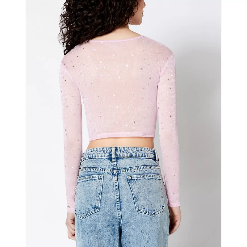 Long Sleeve Sparkle Mesh Cutout Crop Top