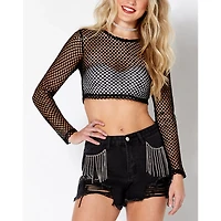 Black Open Mesh Crop Top