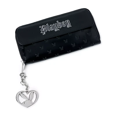 Black Playboy Bunny Embossed Rhinestone Zip Wallet