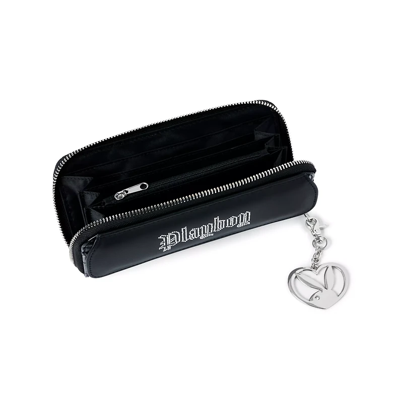 Black Playboy Bunny Embossed Rhinestone Zip Wallet