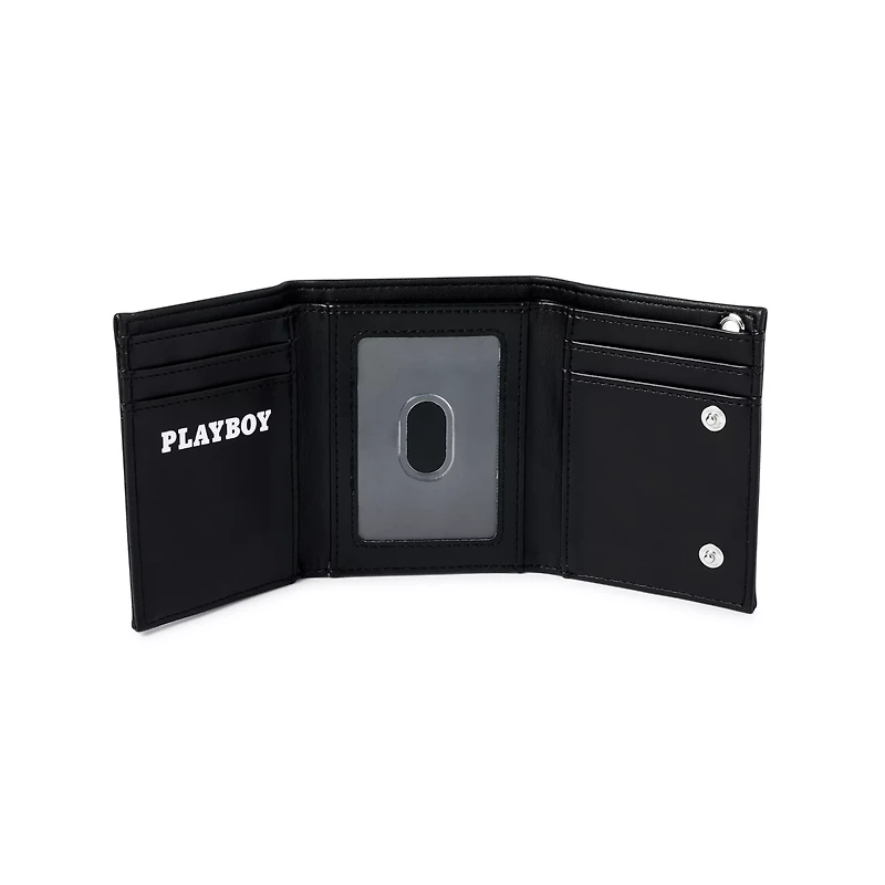 Black Playboy Striped Debossed Trifold Chain Wallet