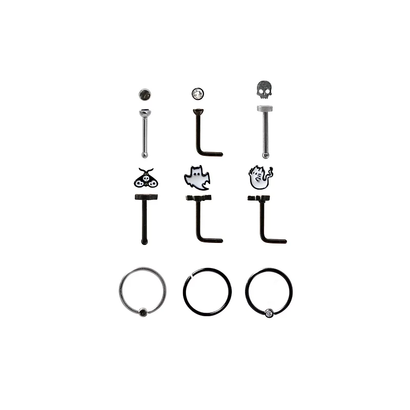 Multi-Pack CZ Moth Skull Ghost Pin L-Bend and Hoop Nose Rings 9 Pack - 18 Gauge