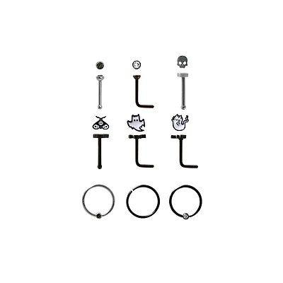 Multi-Pack CZ Moth Skull Ghost Pin L-Bend and Hoop Nose Rings 9 Pack - 18 Gauge