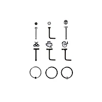 Multi-Pack CZ Moth Skull Ghost Pin L-Bend and Hoop Nose Rings 9 Pack - 18 Gauge