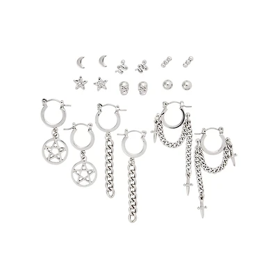 Multi-Pack Pentagram Chain Dangle Hoop & Stud Earrings - 9 Pack