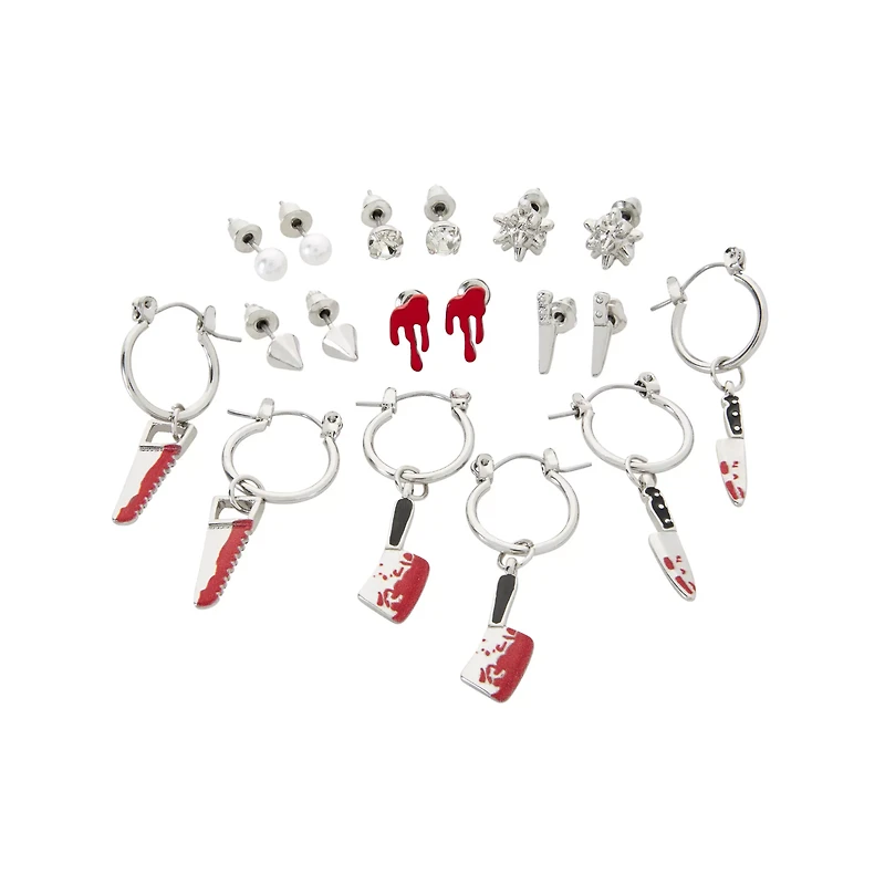 Multi-Pack CZ Bloody Saw Axe Knife and Pearl-Effect Earrings - 9 Pair